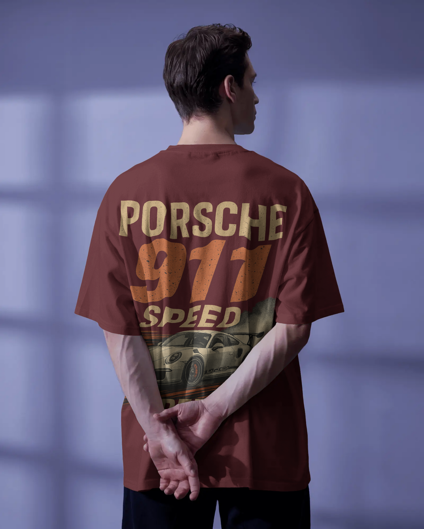 KAIZENX Oversized Porsche 911 Speed Graphic Tee – Maroon Edition