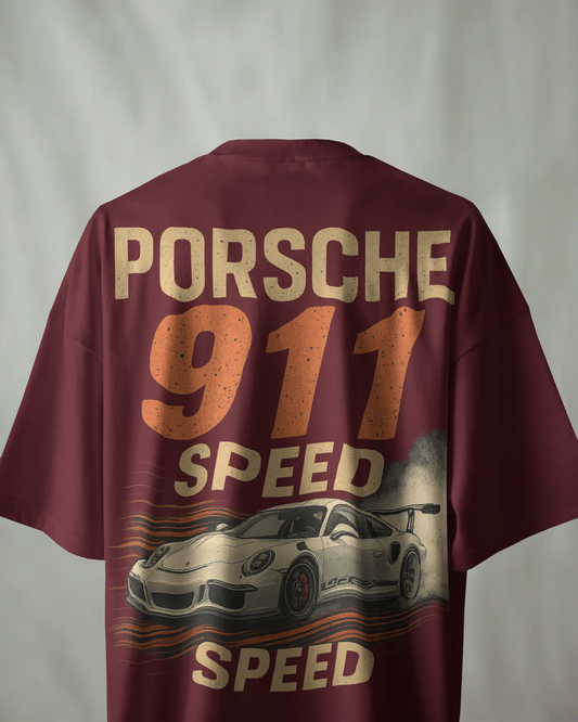 KAIZENX Oversized Porsche 911 Speed Graphic Tee – Maroon Edition