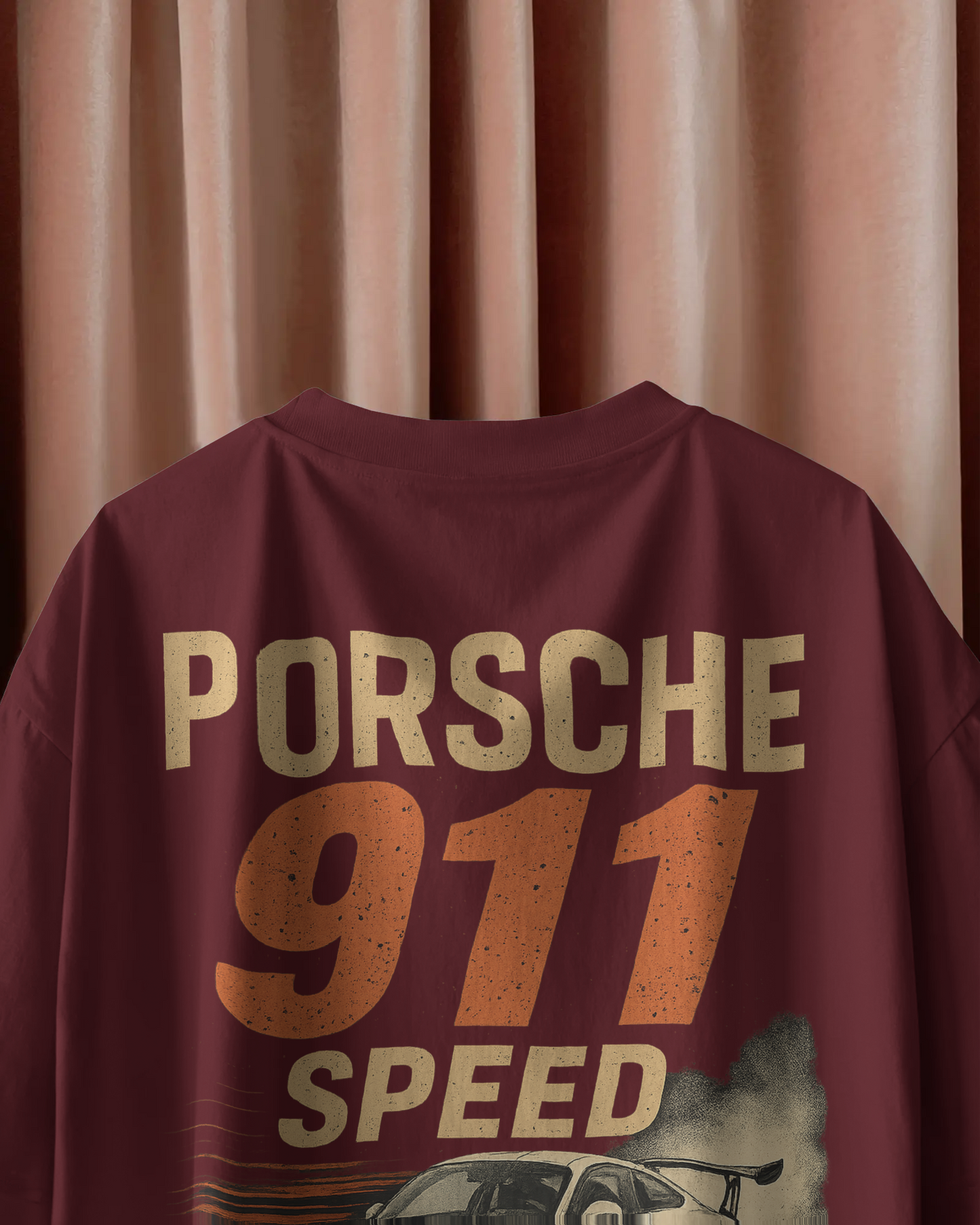 KAIZENX Oversized Porsche 911 Speed Graphic Tee – Maroon Edition